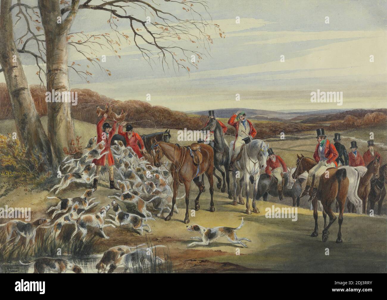 Foxhunting at Melton Mowbray, 1835: The Cream of the Thing, Edward Hull, 1810–1877, ca. 1835, Watercolor, with pen, in brown ink, graphite, gum arabic and gouache on thick, moderately textured, cream, wove paper, Sheet: 10 1/4 × 14 3/8 inches (26 × 36.5 cm), dogs (animals), fox (animal), fox hunting, hills, horseback riders, horseback riding, horses (animals), hounds (dogs), hunt, hunters, hunting, landscape, sporting art, tree, England, Europe, Leicestershire, Melton Mowbray, United Kingdom Stock Photo