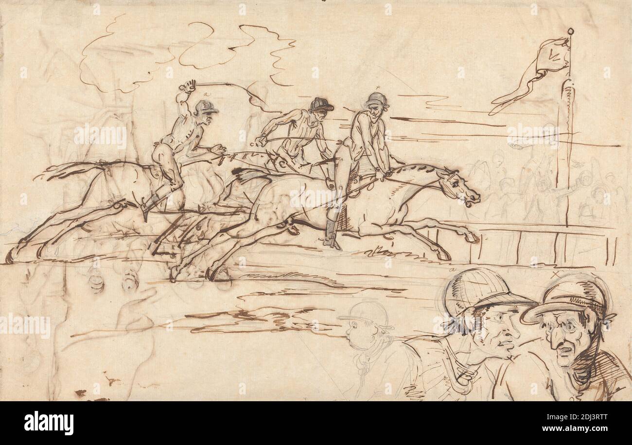 Three Racehorses Approaching the Winning Post, William Lock II, 1767–1847, British, undated, Pen, in brown ink and graphite on thin, slightly textured, cream, laid paper, Sheet: 10 1/4 × 16 inches (26 × 40.6 cm), caps, flags, horses (animals), jockeys, races, spectators, sporting art, tracks, whips Stock Photo