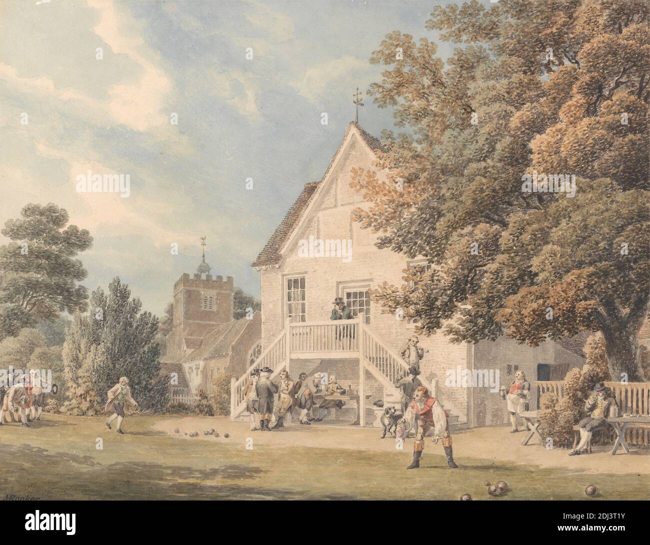 A Game of Bowls on the Bowling Green Outside the Bunch of Grapes Inn, Hurst, Berkshire, Michael 'Angelo' Rooker, 1746–1801, British, undated, Watercolor and graphite on moderately thick, slightly textured, cream, wove paper, Sheet: 8 1/4 x 10 7/8 inches (21 x 27.6 cm), architectural subject, ball games, benches, bowls, castle, dog (animal), fence, genre subject, hats, inn, leisure, men, trees, Berkshire, England, Hurst, St. Nicholas Hurst, United Kingdom Stock Photo