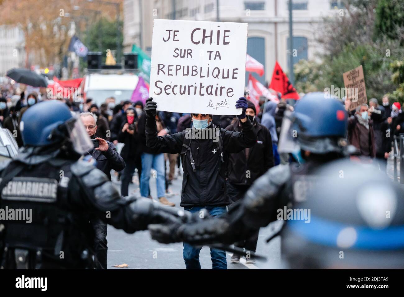 Lyon (France), 12 December 2020. 2000 demonstrators according to the Rhône prefecture for this new pride march in Lyon. Law enforcement in action. Stock Photo