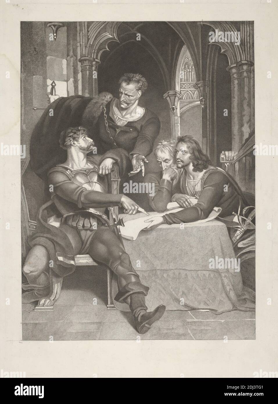 King Henry IV: Part I, Act III, Scene I, The Archdeacon of Bangor's House in Wales. Hotspur, Worcester, Mortimer, & Owen Glendower, Peter Simon, 1750–1810, after Richard Westall, 1765–1836, British, 1803, Engraving, Sheet: 15 3/4 x 21 9/16in. (40 x 54.8cm Stock Photo