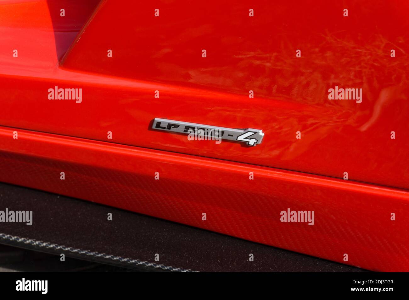 Close up detail of  the model badge on the side of a Rosso Mars red Lamborghini Gallardo LP 570-4 Super Trofeo Stradale Stock Photo