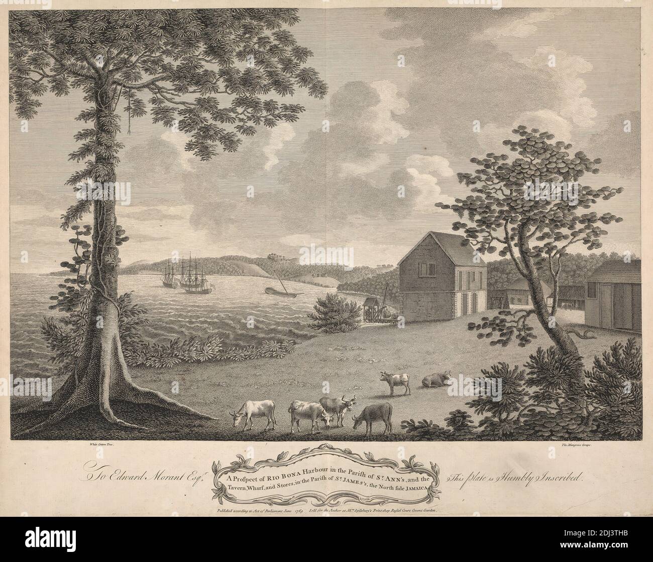 Spilsbury's Views of Jamaica: A Prospect of Rio Bona Harbour in the Parish of St. Ann's, and the Tavern, Wharf, and Stores, in the Parish of St. James's, the North Side Jamaica, unknown artist, eighteenth century, after drawings by John Spilsbury, 1730–1795, 1769, Engraving, Sheet: 17 5/8 x 21 3/4in. (44.8 x 55.2cm Stock Photo