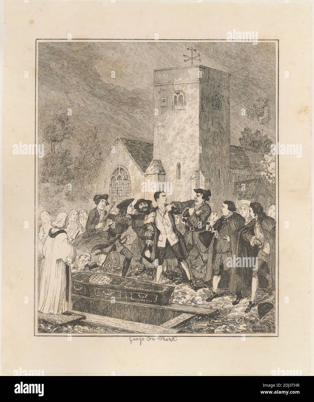 Jonathan Wild Seizing Jack Sheppard at his Mother's Grave in Willesden Church Yard, Print made by George Cruikshank, 1792–1878, British, 1839, Etching on moderately thick, smooth, cream wove paper with beige chine collé, Sheet: 8 7/16 x 7 5/16 inches (21.5 x 18.6 cm), Plate: 6 15/16 x 5 7/8 inches (17.7 x 15 cm), Sheet: 5 15/16 x 4 15/16 inches (15.1 x 12.5 cm), and Image: 4 5/8 x 3 3/4 inches (11.7 x 9.6 cm), angry, Chapter 26 - 'How Jack Sheppard Attended his Mother's Funeral', church, coffin, criminals, crowd, Epoch the Second: 'Thames Darrell.', funeral, gesturing, grave, graveyard Stock Photo