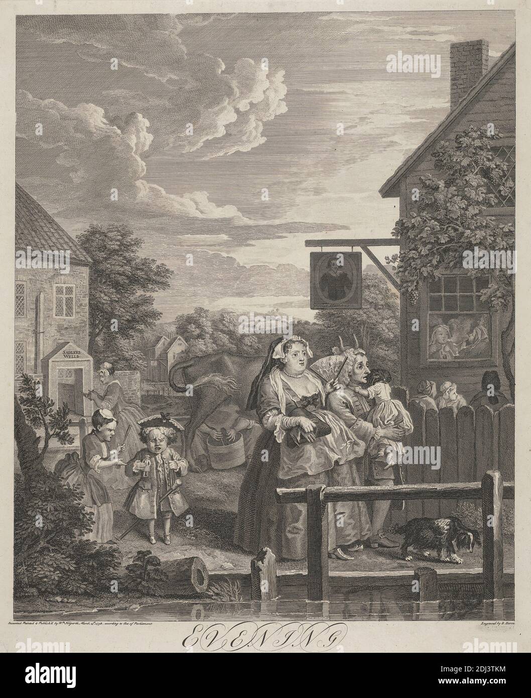 The Four Times of Day, Plate III: Evening, Bernard Baron, 1696–1762, French, after William Hogarth, 1697–1764, British, 1738, Engraving, Sheet: 17 7/8 x 14 3/4in. (45.4 x 37.5cm Stock Photo
