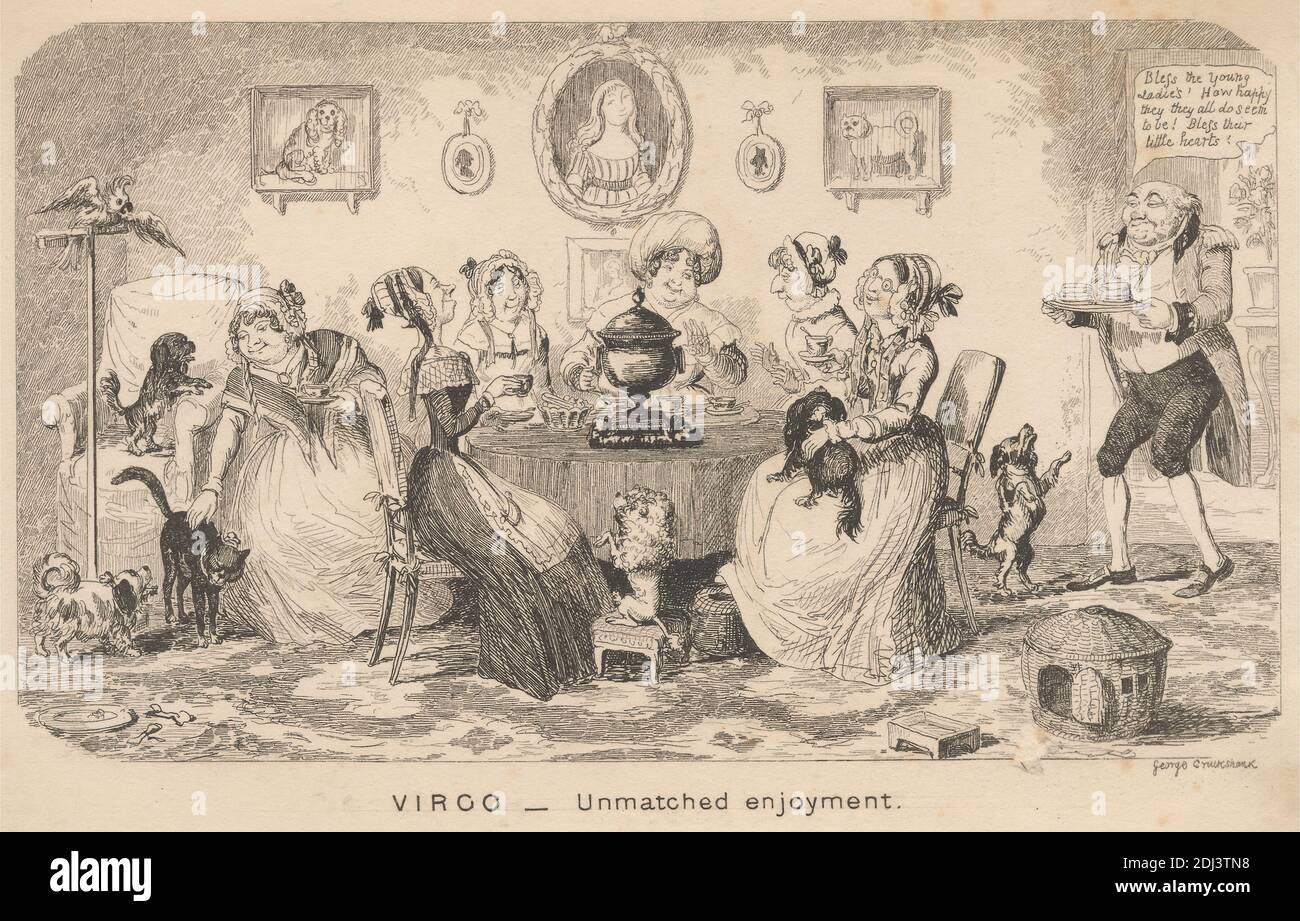 Virgo - Unmatched Enjoyment, Print made by George Cruikshank, 1792–1878, British, undated, Etching on moderately thick, smooth, beige laid paper, Sheet: 4 3/8 x 6 5/8 inches (11.1 x 16.8 cm) and Image: 3 1/4 x 5 7/16 inches (8.2 x 13.8 cm), birds, bonnets, cats, dogs (animals), dresses, flowers (plants), genre subject, gesturing, happy, illustration, ladies, pictures, servant, servant, sitting, smiling, table, talking, tea cups, tea pots, tea service, Virgo, women Stock Photo