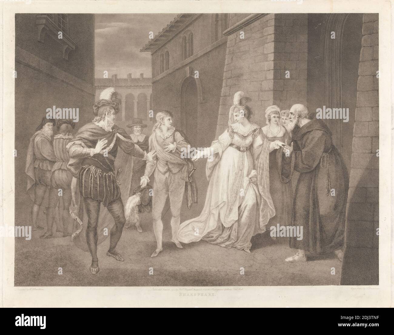 Twelfth Night, Act V, Scene I: The Street, Print made by Francesco Bartolozzi RA, 1728–1815, Italian, active in Britain (1764–99), after William Hamilton, 1751–1801, British, 1803, Engraving on medium, smooth, cream wove paper, Sheet: 20 x 29 1/2 inches (50.8 x 74.9 cm), Plate: 19 3/4 x 24 7/8 inches (50.2 x 63.2 cm), and Image: 17 5/16 x 23 3/8 inches (44 x 59.4 cm), arcade, arches, blocks, breeches, buildings, capes, caps, chain, chimneys, collars, columns, cord, doublets, dresses, earring, fur, habit, hat, headband, kerchief, literary theme, men, play, plumes, sandals, sashes (costume Stock Photo
