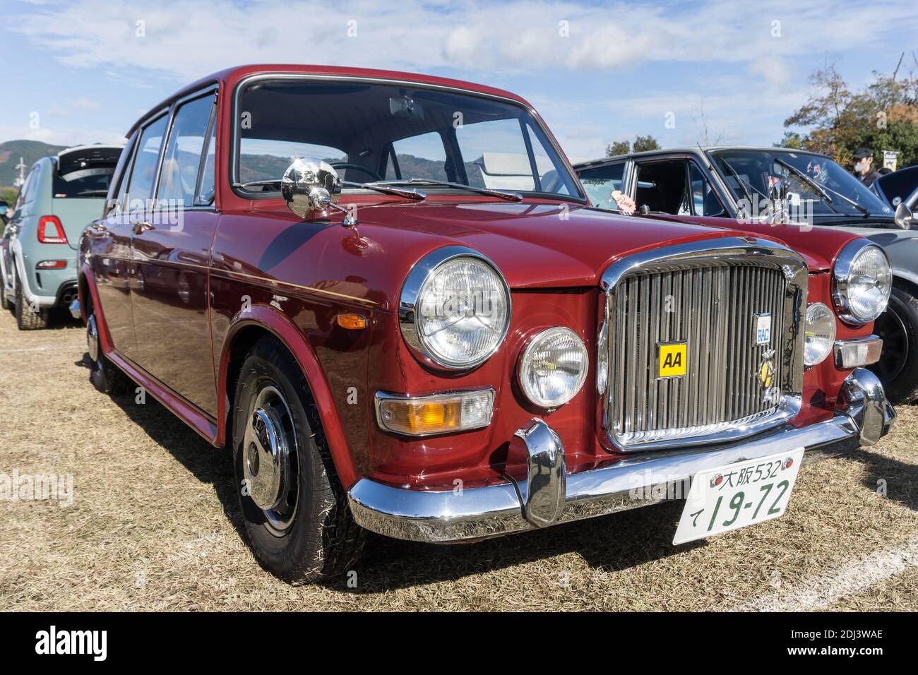Front view of a maroon Vanden Plas Princess 1100 four-door British saloon car outside in sunshine Stock Photo