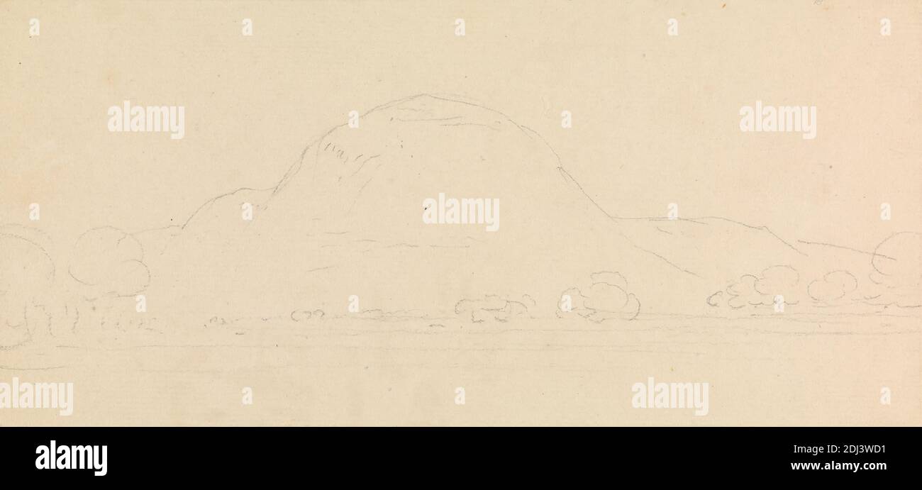 South India: Landscape with a Mountain in the Background, Thomas Daniell, 1749–1840, British, active in India, William Daniell, 1769–1837, British, undated, Graphite on medium, slightly textured, cream laid paper; mounted on moderately thick, slightly textured, cream, wove paper, Sheet: 4 1/2 × 9 11/16 inches (11.4 × 24.6 cm) and Mount: 5 × 10 9/16 inches (12.7 × 26.8 cm), landscape, mountain, trees, Asia, Bharat, India Stock Photo