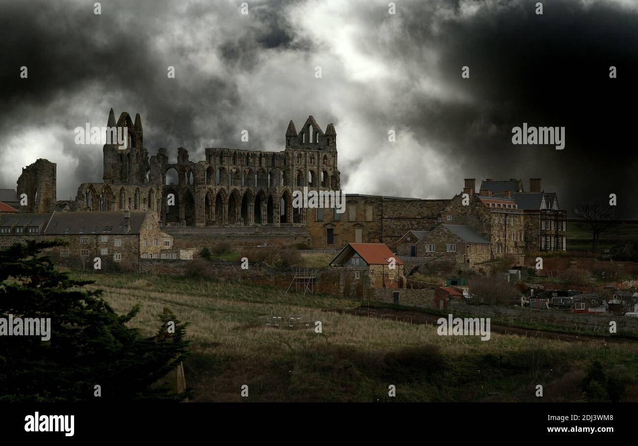 Whitby Abbey with dramatic sky added. Location for Bram Stokers famous Dracula Vampire novel. Stock Photo
