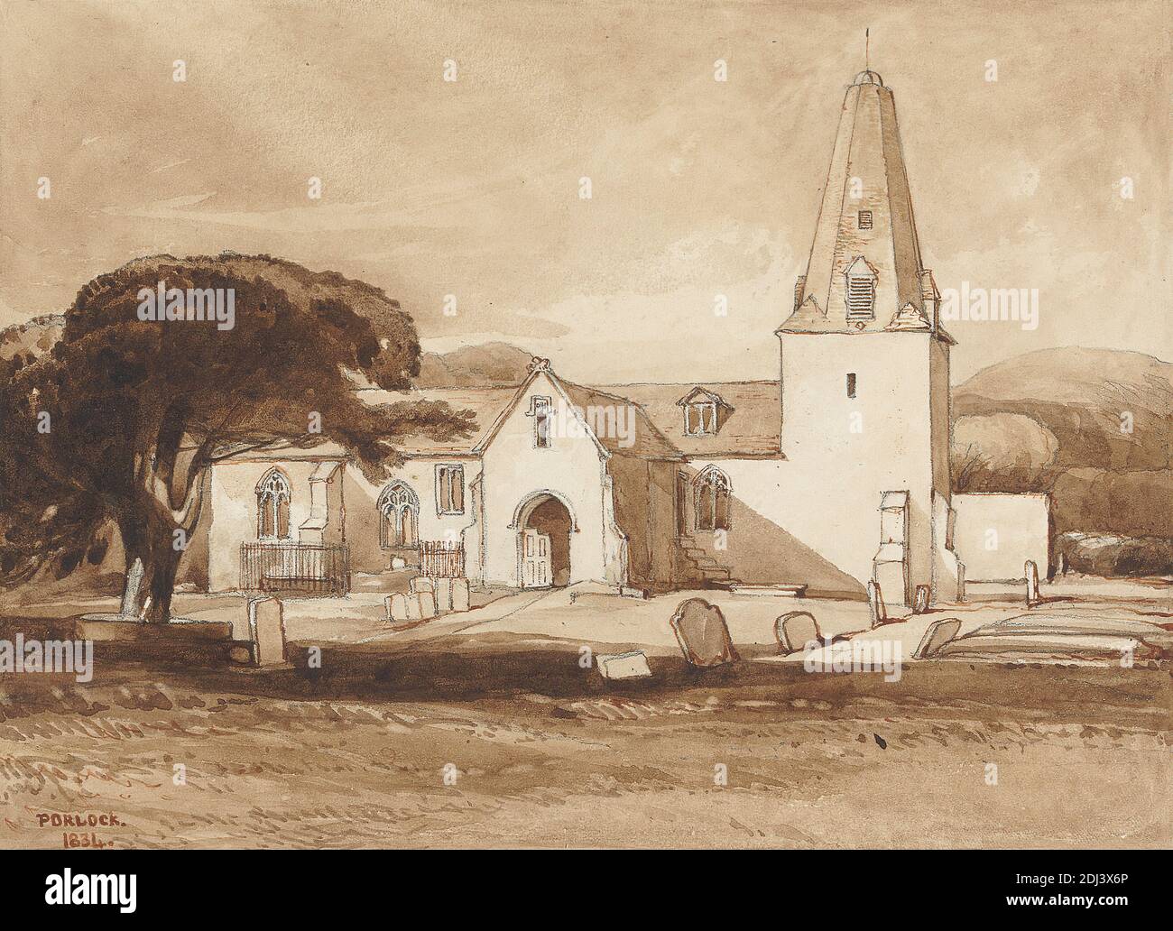 One from A Volume of Drawings and Prints, Rev. James Bulwer, 1794–1879, British, 1834, Graphite, pen and brown ink, brown wash on smooth, moderately thick, cream wove paper, Sheet: 13 1/4 × 17 inches (33.7 × 43.2 cm) and Image: 5 1/2 × 7 5/8 inches (14 × 19.4 cm Stock Photo