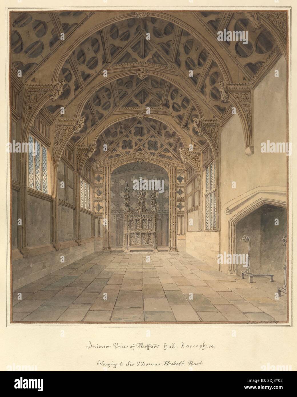 Interior View of Rufford Hall, Lancashire, belonging to Sir Thomas Hesketh Bart., John Buckler FSA, 1770–1851, British, and John Chessell Buckler, 1793–1894, British, 1817, Watercolor and pen and black ink on moderately thick, cream wove paper, Sheet: 19 3/4 × 14 inches (50.2 × 35.6 cm) and Image: 11 7/8 × 10 1/2 inches (30.2 × 26.7 cm), abbey, arches, architectural subject, corbels, country house, engravings, fireplace, open timber roofs, transoms (windows), windows, England, Europe, Lancashire, Rufford Old Hall, United Kingdom Stock Photo