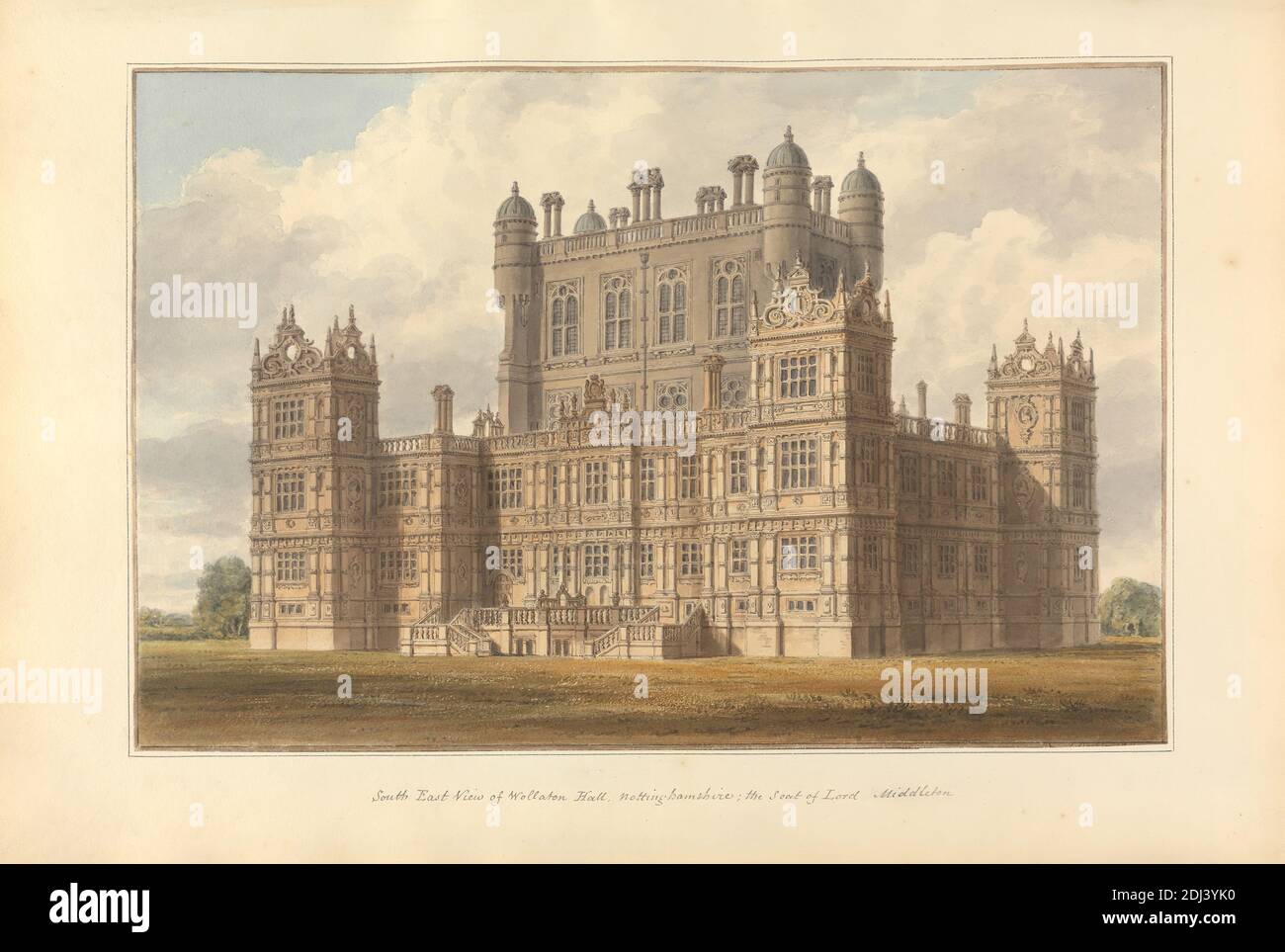 South East View of Wollaton Hall. Nottinghamshire; the Seat of Lord Middleton, John Buckler FSA, 1770–1851, British, and John Chessell Buckler, 1793–1894, British, 1811, Watercolor and pen and black ink on moderately thick, cream wove paper, Sheet: 19 3/4 × 14 inches (50.2 × 35.6 cm) and Image: 10 3/8 × 15 3/4 inches (26.4 × 40 cm), architectural subject, balustrades, country house, Elizabethan, Jacobean, mullions, pilasters, turrets, windows, England, Europe, Nottinghamshire, United Kingdom, Wollaton Stock Photo