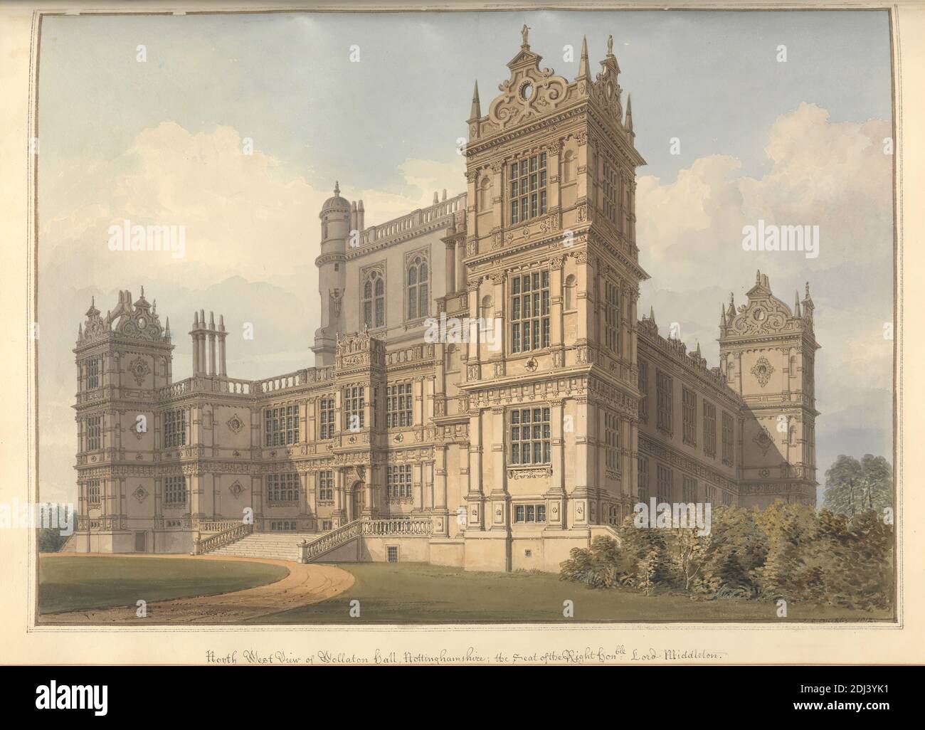 North West View of Wollaton hall, Nottinghamshire; the Seat of the Right hon'ble Lord Middleton, John Buckler FSA, 1770–1851, British, and John Chessell Buckler, 1793–1894, British, 1812, Watercolor and pen and black ink on moderately thick, cream wove paper, Sheet: 14 × 19 3/4 inches (35.6 × 50.2 cm) and Image: 13 × 18 1/4 inches (33 × 46.4 cm), architectural subject, balustrades, country house, Elizabethan, Jacobean, mullions, muntins, pilasters, turrets, windows, England, Europe, Nottinghamshire, United Kingdom, Wollaton Stock Photo