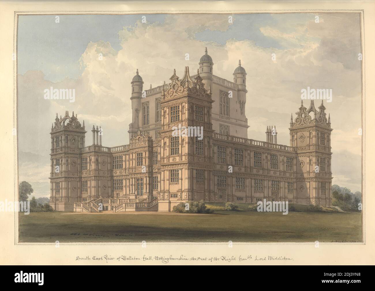 South East view of Wollaton hall, Nottinghamshire, the Seat of the Right honble. Lord Middleton, John Buckler FSA, 1770–1851, British, and John Chessell Buckler, 1793–1894, British, 1812, Watercolor and pen and black ink on moderately thick, cream wove paper, Sheet: 14 × 19 3/4 inches (35.6 × 50.2 cm) and Image: 12 × 18 inches (30.5 × 45.7 cm), architectural subject, balustrades, country house, Elizabethan, Jacobean, mullions, muntins, pilasters, turrets, windows, England, Europe, Nottinghamshire, United Kingdom, Wollaton Stock Photo