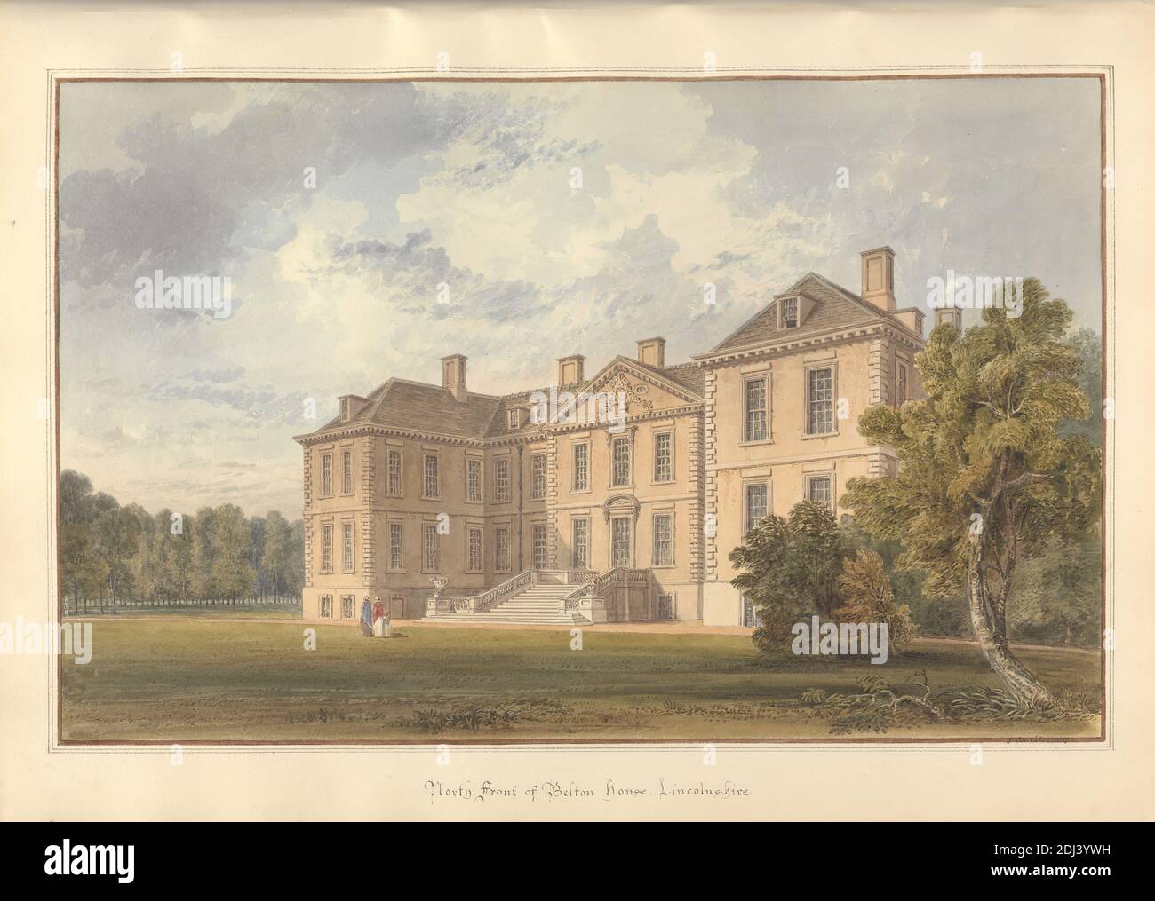 North Front of Belton house Lincolnshire, John Buckler FSA, 1770–1851, British, and John Chessell Buckler, 1793–1894, British, 1817, Watercolor and pen and black ink on moderately thick, cream wove paper, Sheet: 14 × 19 3/4 inches (35.6 × 50.2 cm) and Image: 11 3/8 × 17 3/4 inches (28.9 × 45.1 cm), architectural subject, Carolean, chimneys, country house, mansard roof, mullions, pediment, windows, Belton, England, Europe, North Lincolnshire, United Kingdom Stock Photo