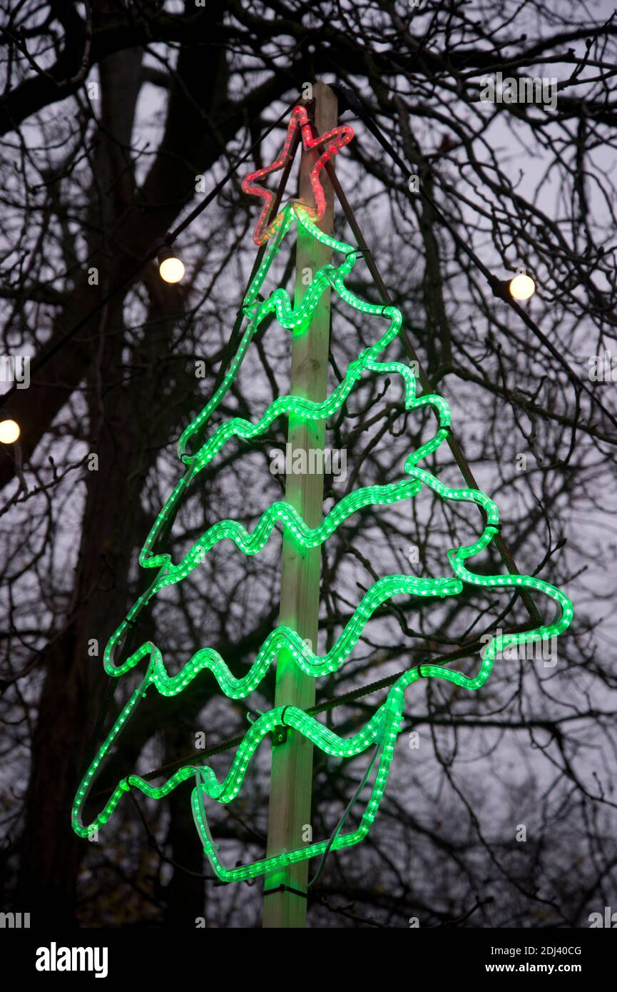 London, Victoria Park. Illuminated neon sign for Christmas trees on sale Stock Photo