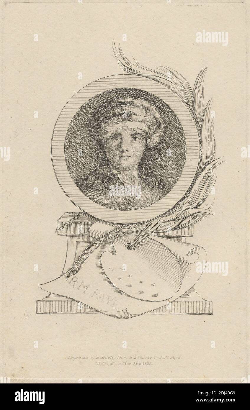 Richard Morton Paye, Print made by Richard Dagley, ca. 1765–1841, British, after Richard Morton Paye, 1750–1821, British, 1832, Etching and stipple engraving on moderately thick, slightly textured, beige wove paper, Sheet: 11 x 7 5/8 inches (27.9 x 19.3 cm), Plate: 7 1/16 x 4 1/2 inches (17.9 x 11.5 cm), and Image: 5 5/16 x 3 3/8 inches (13.5 x 8.6 cm), artist, framed, fur hat, gaze, man, oval, paintbrushes, painter, palette, pedestal, pen, portrait, quills, scrolls, wheat Stock Photo