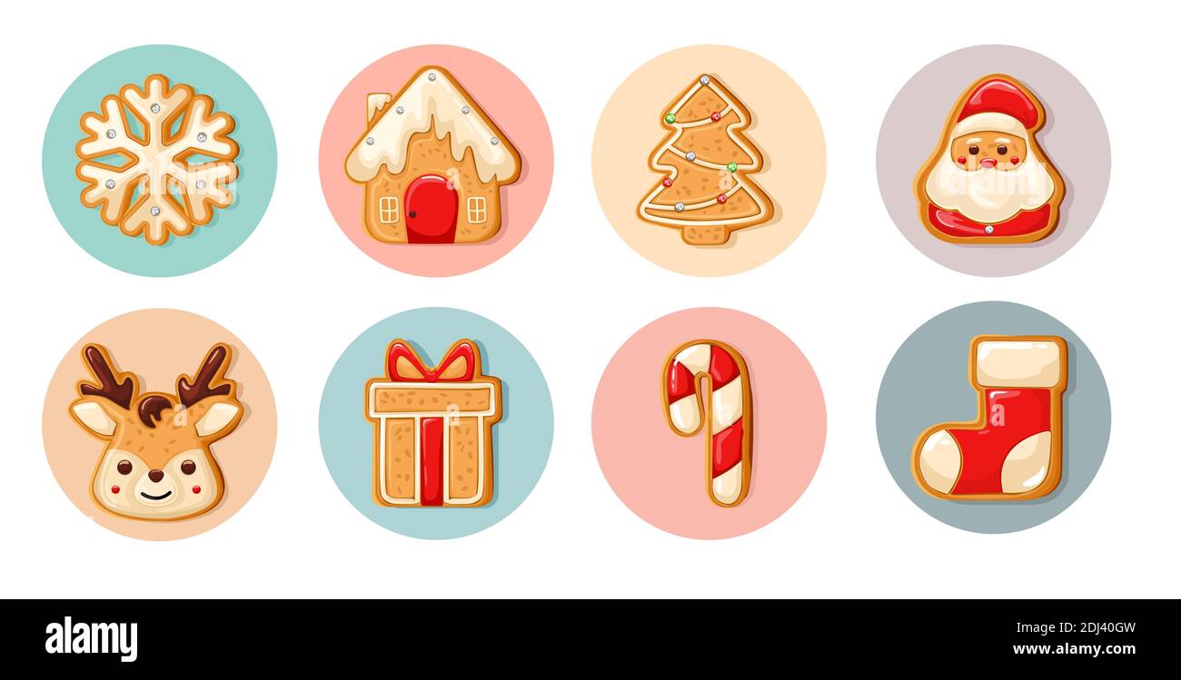 Set of cute gingerbread cookies for christmas. Christmas pastries. Biscuits. Isolated over white background. Stock Vector