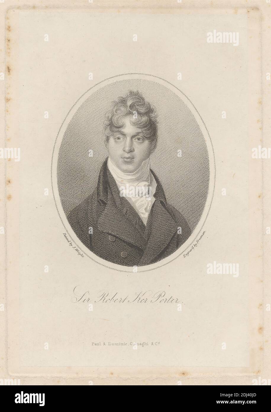 Sir Robert Ker Porter, Print made by Samuel Freeman, 1773–1857, British, after John Wright, active 1812, Published by Paul and Dominic Colnaghi & Co, established 1760, active ca. 1785–1911, Italian, active in Britain, undated, Stipple engraving and etching on moderatley thick, slightly textured, cream wove paper with cream chine collé, Sheet: 11 7/8 x 8 5/8 inches (30.1 x 21.9 cm), Plate: 6 9/16 x 4 1/2 inches (16.6 x 11.5 cm), Sheet: 6 1/4 x 4 1/8 inches (15.8 x 10.4 cm), and Image: 3 9/16 x 2 15/16 inches (9 x 7.4 cm), collar, cravat, curls, diplomat, gaze, painter, portrait, posing, writer Stock Photo