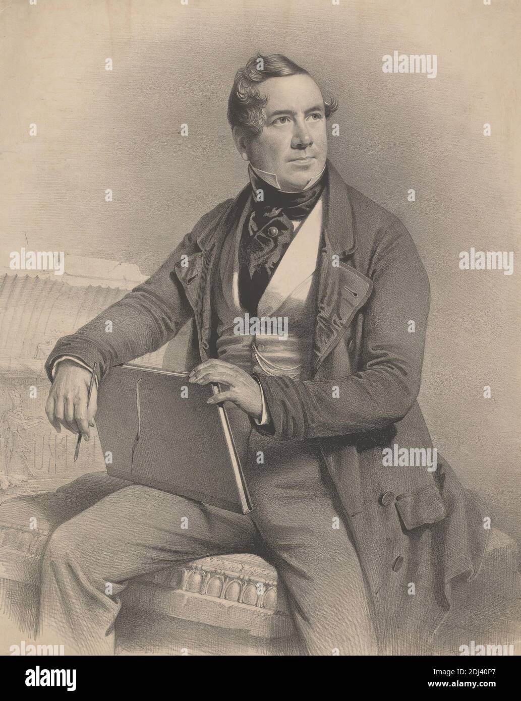 David Roberts, Print made by Charles Baugniet, 1814–1886, Belgian, 1844, Lithograph on thick, smooth, beige card with gray chine collé, Sheet: 15 3/8 x 12 3/16 inches (39.1 x 30.9 cm), artist, book, collar, cravat, frock coat, frontispiece (illustration), hieroglyphics, man, pencil, portrait, ruins, sarcophagus, sketchbook, The Holy Land, Syria, Idumea, Arabia, Egypt and Nubia, 1842-49, trousers, waistcoat Stock Photo