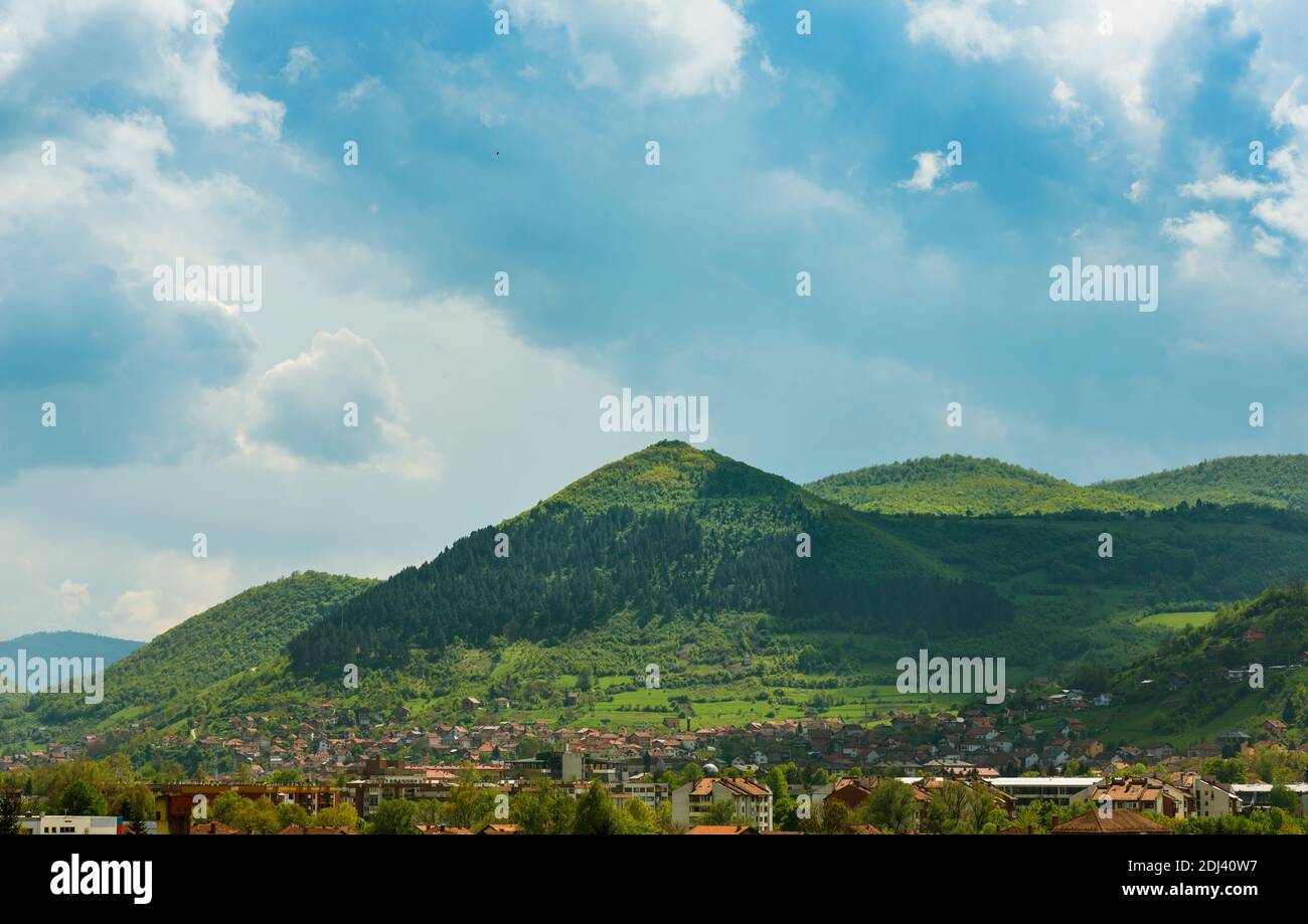 Bosnian Pyramid of the Sun. Landscape with forested ancient pyramid near the Visoko city, BIH, Bosnia and Herzegovina. Remains of mysterious old civil Stock Photo