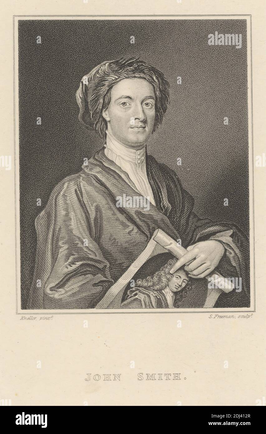John Smith, Print made by Samuel Freeman, 1773–1857, British, after Sir Godfrey Kneller, 1646–1723, German, active in Britain (from 1676), undated, Stipple engraving and etching on moderately thick, slightly textured, cream wove paper, Sheet: 8 13/16 x 5 9/16 inches (22.4 x 14.2 cm) and Image: 4 5/8 x 3 3/4 inches (11.7 x 9.5 cm), artist, buttons, collar, hat, illustration, mantle, mezzotinter, painter, painting (visual work), portrait, scrolls Stock Photo