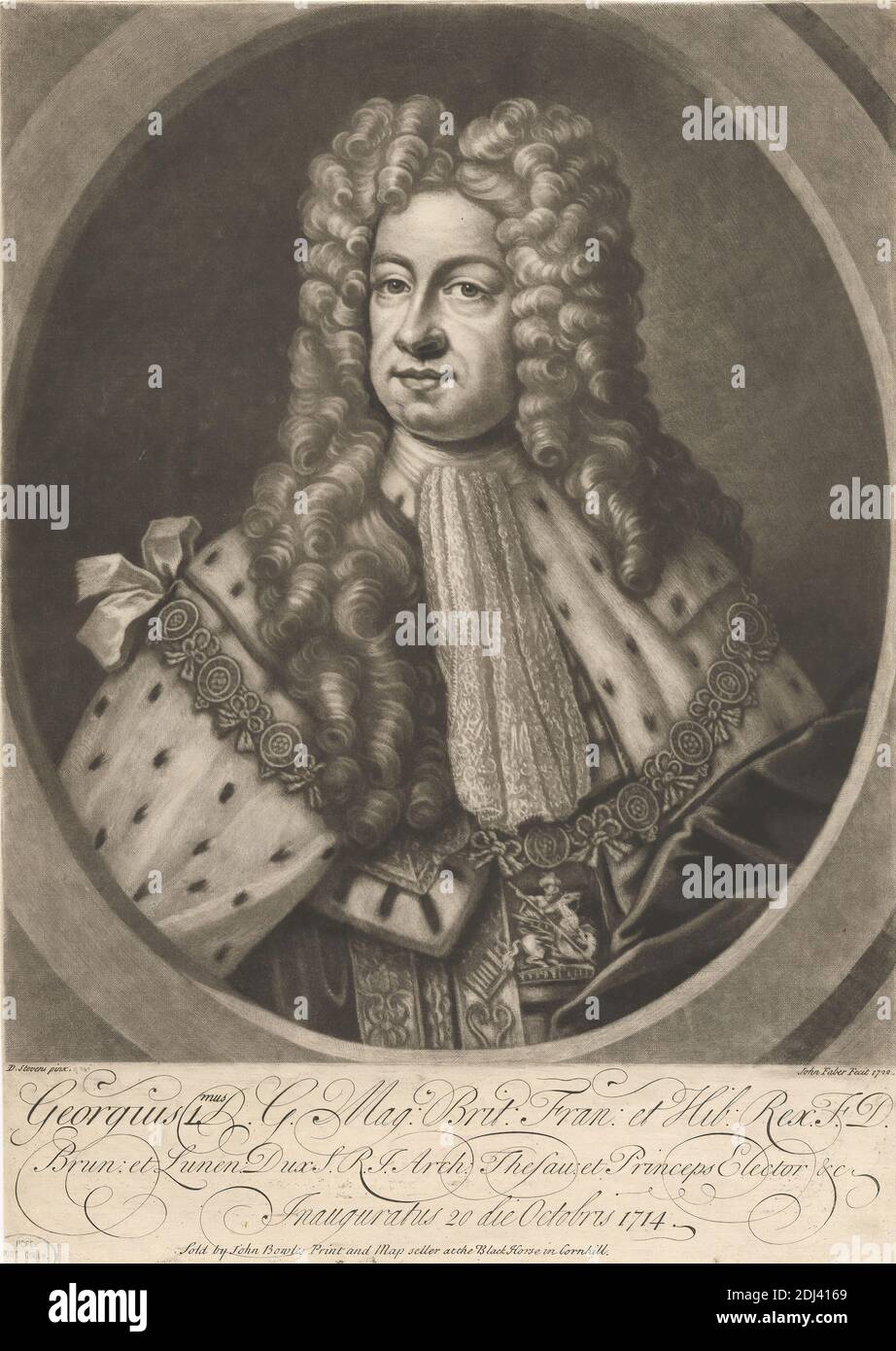 George I, John Faber the Younger, ca. 1695–1756, Netherlandish, active in  Britain, after D. Stevens, active 1722, Published by John Bowles,  1701–1779, British, 1722, Mezzotint on moderately thick, slightly textured,  cream laid