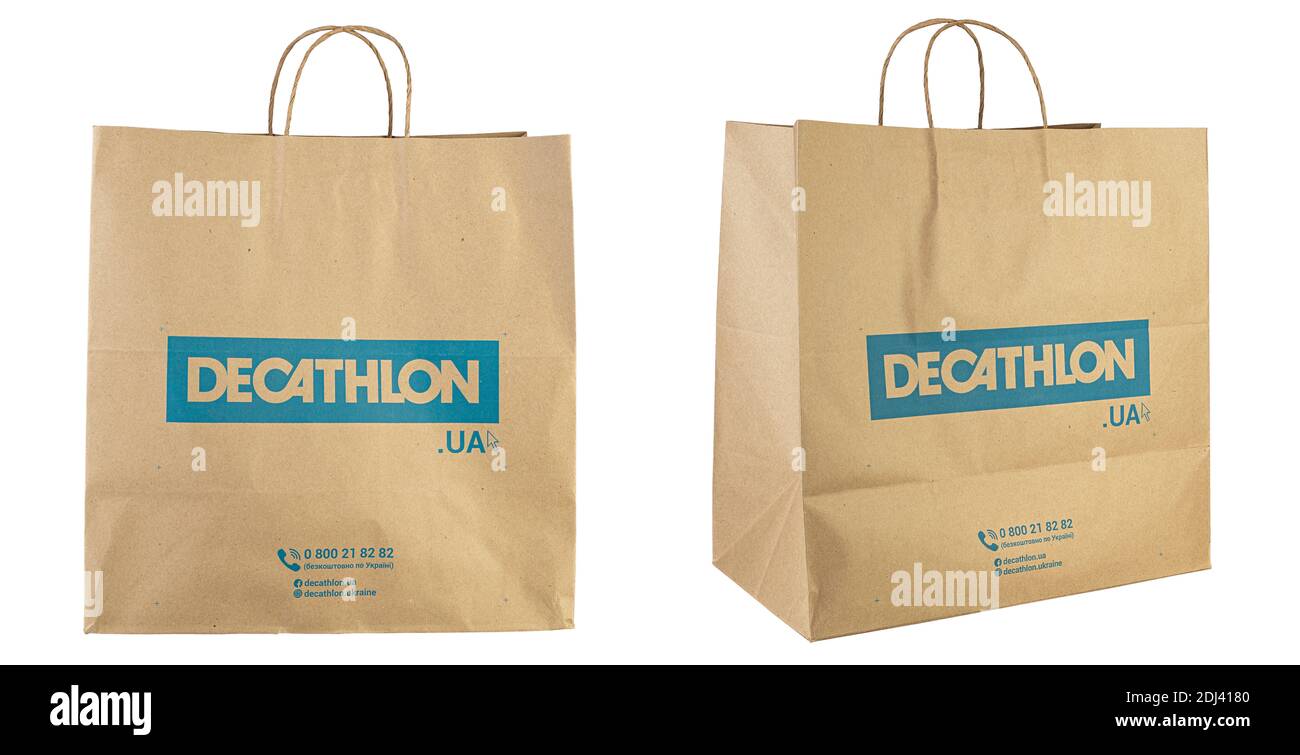 Ukraine, Kyiv - Jule 17. 2020: Sets Decathlon brand paper bag. Decathlon is  a french company and one of the world's largest sporting goods retailers  Stock Photo - Alamy