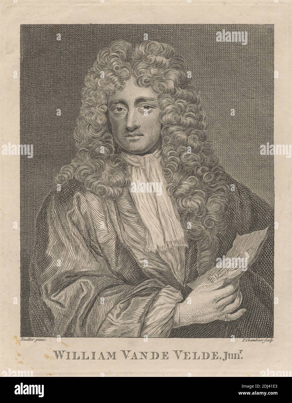 William van der Velde, Junior, Print made by Thomas Chambars, ca. 1724–1789, British, after Sir Godfrey Kneller, 1646–1723, German, active in Britain (from 1676), undated, Etching on moderately thick, smooth, beige wove paper, Sheet: 11 15/16 x 9 inches (30.3 x 22.9 cm), Plate: 6 15/16 x 5 5/16 inches (17.6 x 13.5 cm), and Image: 5 7/8 x 4 3/4 inches (14.9 x 12 cm), academic robes, artist, cloak, gesturing, letter, man, painter, portrait, posing, ring, scarf, ship, solemn, wig Stock Photo