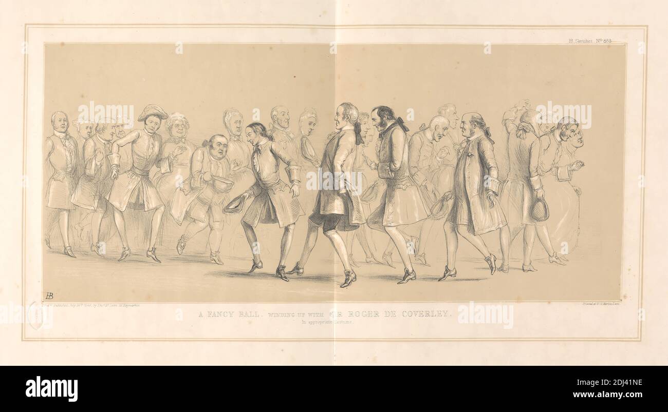 A Fancy Ball, Winding up with Sir Roger de Coverley, in Appropriate Costume., Print made by John Doyle ('H.B.'), 1797–1868, Irish, Printed by Thomas McLean, 1788–1875, British, Published by Thomas McLean, 1788–1875, British, 1846, Lithograph in tan and black ink on moderately thick, smooth, beige wove paper, Sheet: 17 9/16 x 24 5/16 inches (44.6 x 61.8 cm) and Image: 8 1/4 x 18 11/16 inches (21 x 47.5 cm), balls (parties), coats, costumes (ensembles), dancing, dresses, fancy dress, genre subject, gesturing, hats, men, moving, noblemen, political, politicians, politics, satire, satirical Stock Photo