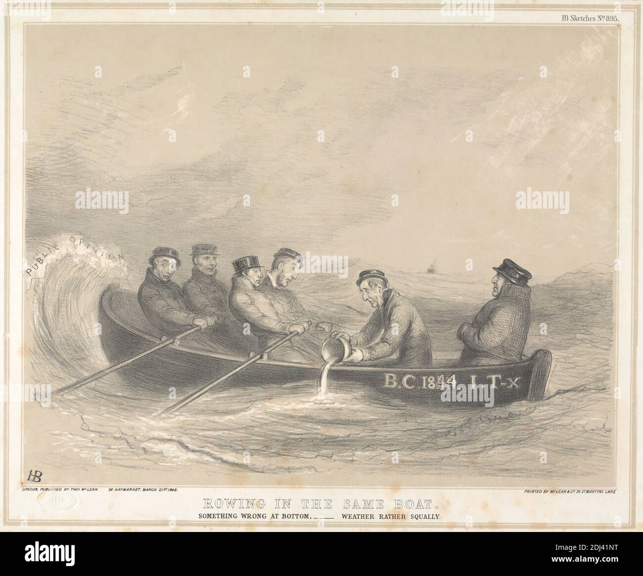 Rowing in the Same Boat: Something Wrong at the Bottom... Weather Rather Squally, Print made by John Doyle ('H.B.'), 1797–1868, Irish, Printed by Thomas McLean, 1788–1875, British, Published by Thomas McLean, 1788–1875, British, 1848, Lithograph in tan and black ink on moderately thick, smooth, beige wove paper, Sheet: 11 15/16 x 18 1/16 inches (30.4 x 45.8 cm) and Image: 10 1/4 x 13 1/8 inches (26 x 33.3 cm), boat, bucket, genre subject, hats, leaking, marine art, men, meteorology, ocean, political, politicians, politics, public opinion, riding, rowboat, rowing, sailing, satire, satirical Stock Photo