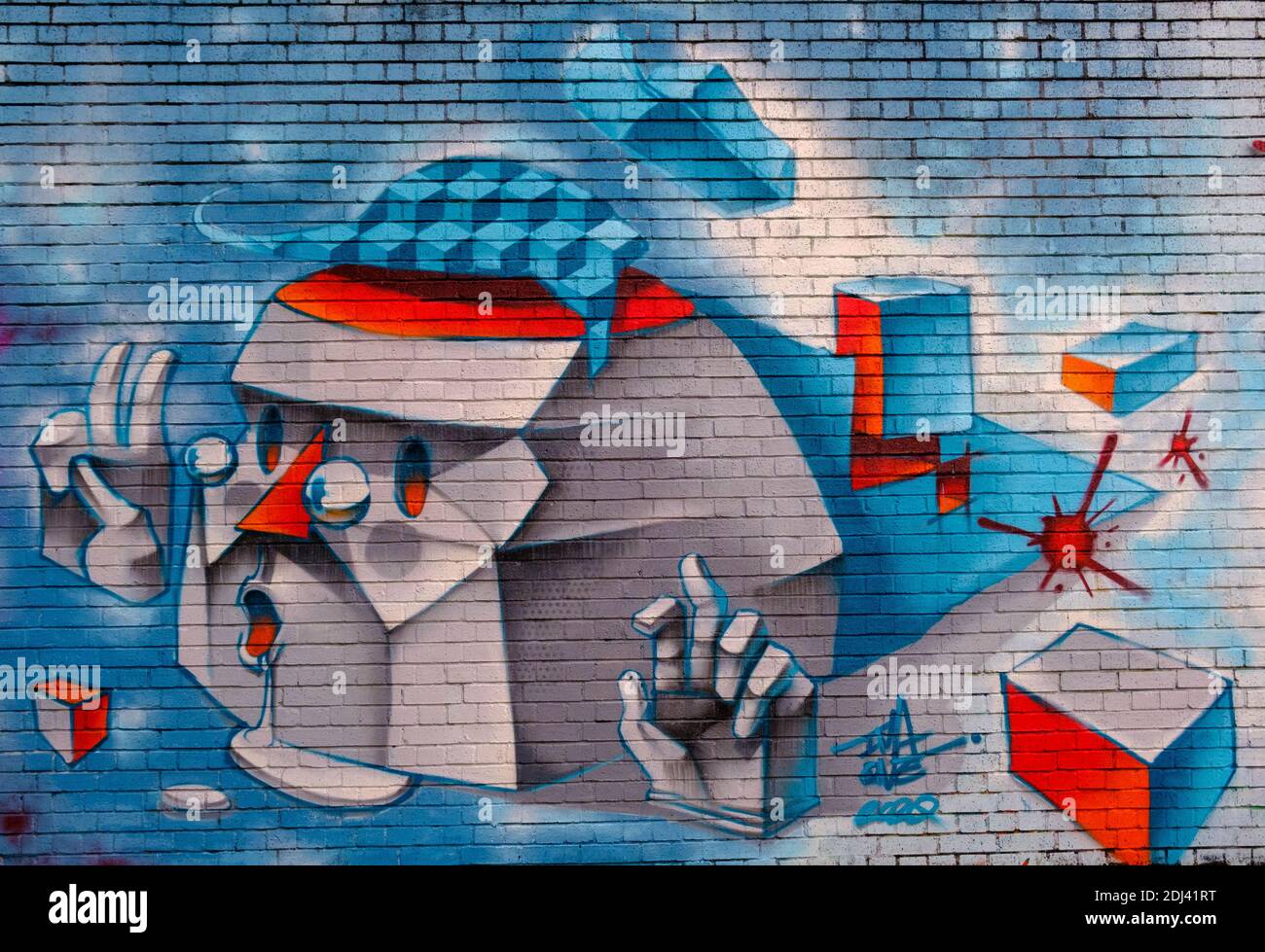 Bright colourful graffiti by street artist Ima One on the walls at Grey Eagle Street, Shoreditch, East London, UK Stock Photo
