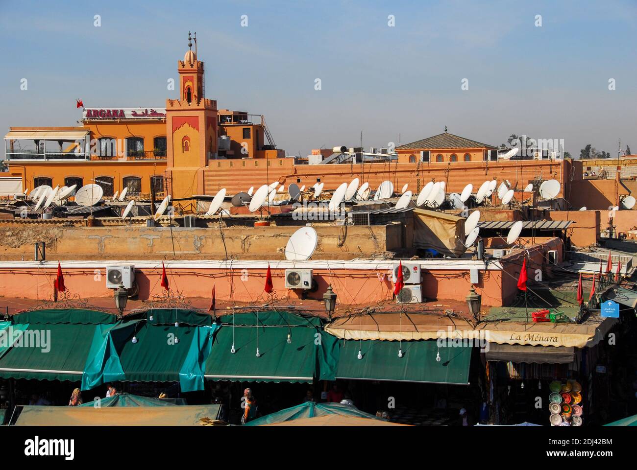 Rooftop Satellite Dishes above Jemaa el Fna Market Square, Marrakesh, Morocco Stock Photo