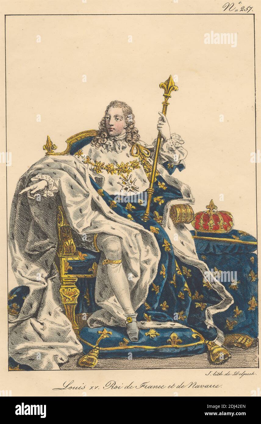 Louis XV, Print made by François-Séraphin Delpech, 1778–1825, French, undated, Lithograph with hand coloring on moderately thick, slightly textured, beige wove paper, Sheet: 14 3/16 x 10 1/2 inches (36.1 x 26.7 cm) and Image: 7 3/8 x 5 1/4 inches (18.8 x 13.3 cm), badge, breeches (trousers), chivalric order, costume, cravat, crown (symbol of sovereignty), curls, fleur-de-lis, flounces, French, fur, gold, man, monarch, monarchy, nobility, pattern (design element), portrait, robes, scepter, sovereign, star, tassels, throne, velvet, wig Stock Photo