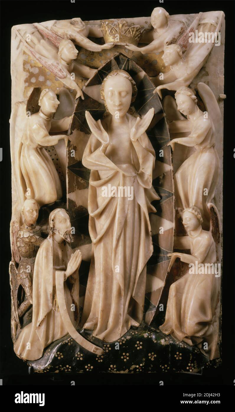 The Assumption and Coronation of the Virgin, Unknown artist, fifteenth century (Nottinghamshire), 1450 to 1500, Alabaster, Overall: 17 1/2 × 10 1/2 × 1 3/4 inches (44.5 × 26.7 × 4.4 cm), angels, belt (costume accessory), Bible, coronation, crown, death, flowers (plants), girdle, halo, mandorla, Mary's death, assumption and coronation (sometimes some of the 'daughters of the Hebrews' present), New Testament, religion, religious and mythological subject Stock Photo
