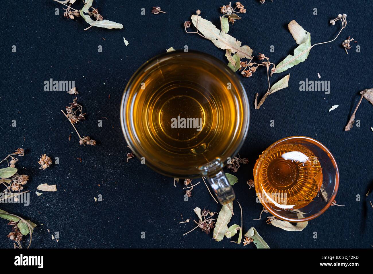 French press and herbal tea, on black background among dry leaves Stock