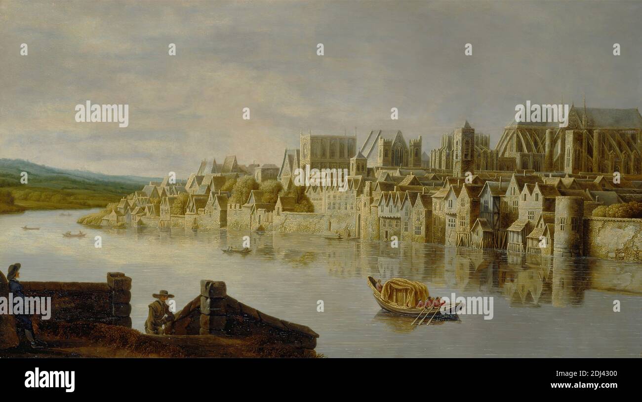The Thames at Westminster Stairs, Claude de Jongh, ca. 1600–1663, Dutch, active in Britain (1615, 1625, 1627, 1628), 1631, Oil on panel, Support (PTG): 18 1/4 x 31 1/2 inches (46.4 x 80 cm), abbey, boat, buildings, chapel, church, cityscape, landscape, palace, people, reflection, river, tower (building division), City of Westminster, England, Europe, Lady chapel, Westminster Abbey, London, Palace of Westminster, St. Margaret, Westminster Abbey, St. Stephen's Chapel, Palace of Westminster, Thames, United Kingdom, Westminster, Westminster Abbey, Westminster Hall Stock Photo