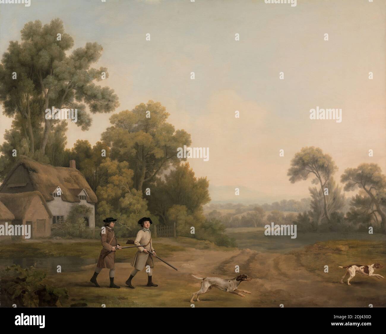 Two Gentlemen Going a Shooting, George Stubbs, 1724–1806, British, 1768, Oil on canvas, Support (PTG): 39 15/16 x 50 1/16 inches (101.4 x 127.2 cm), costume, cottage, dogs (animals), field, guns, hills, hunters, hunting, landscape, limestone, men, rifles (long guns), running, rural areas, series (groups), sporting art, sportsmen, village, walking, Creswell, Derbyshire, England, Nottinghamshire, United Kingdom Stock Photo