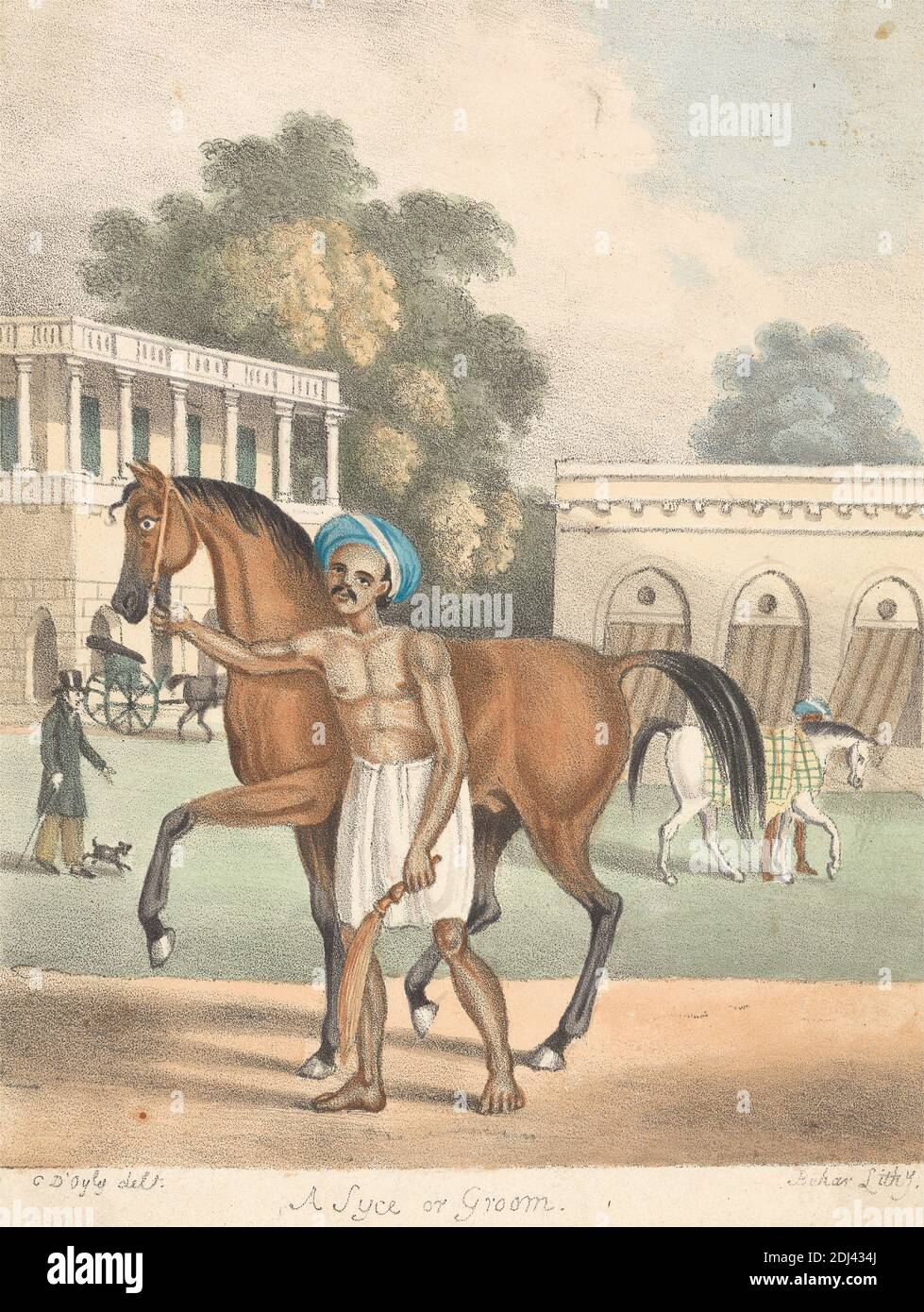 A Syce or Groom, Sir Charles D'Oyly, 1781–1845, British, active in India, Printed by The Behar Amateur Lithographic Press, 1781–1845, British, active in India, undated, Chromolithograph on medium, slightly textured, cream wove paper mounted on moderately thick, slightly textured, beige wove paper, Mount: 9 7/8 x 6 1/16 inches (25.1 x 15.4 cm), Sheet: 7 x 5 1/4 inches (17.8 x 13.4 cm), and Image: 6 9/16 x 5 1/4 inches (16.7 x 13.4 cm), animal art, arches, architectural subject, buildings, cane, columns, dog (animal), genre subject, grass, grooms, horses (animals), Indian, nobleman, path Stock Photo
