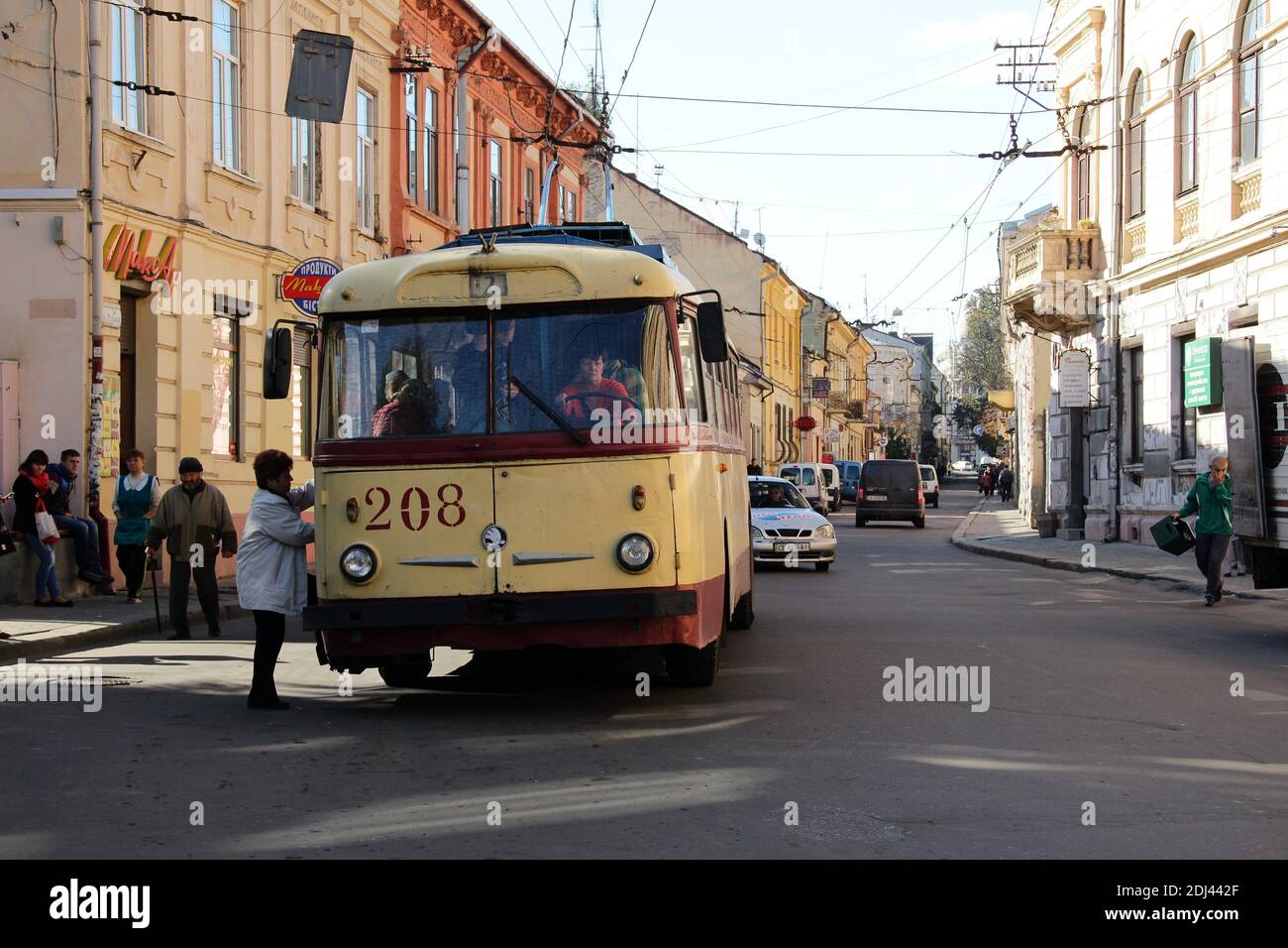 Old Skoda trolley-bus in the street of Chernivtsi in Ukraine. Stock Photo