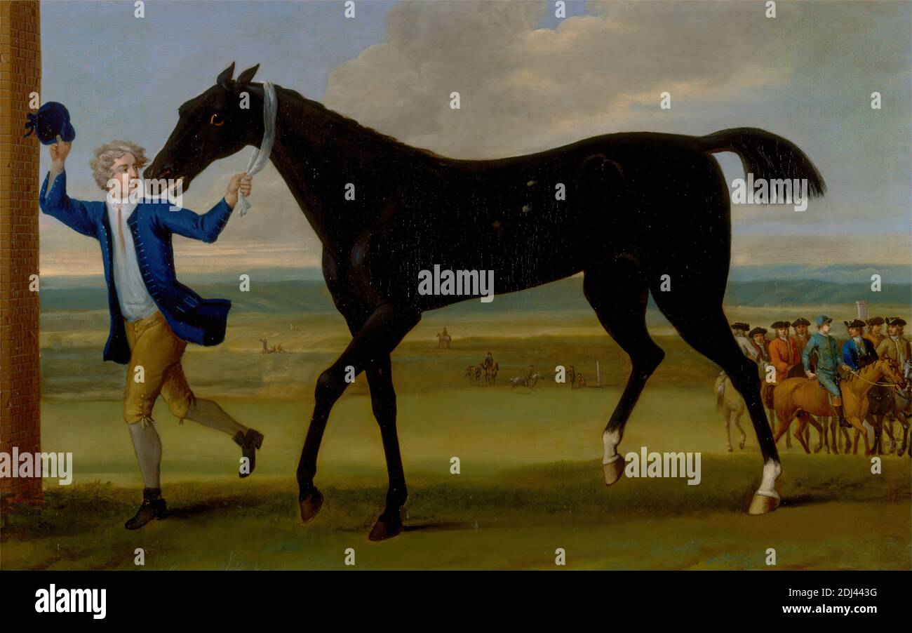 The Duke of Rutland's Bonny Black, John Wootton, 1682–1764, British, ca. 1715, Oil on canvas, Support (PTG): 30 x 48 1/2 inches (76.2 x 123.2 cm), animal art, black, breeches, brick, building, coat, duke, hats, hills, horses (animals), jockeys, leading, race, races, racing, riding, riding boots, shoes, sky, stockings, England, Newmarket, Suffolk, United Kingdom Stock Photo