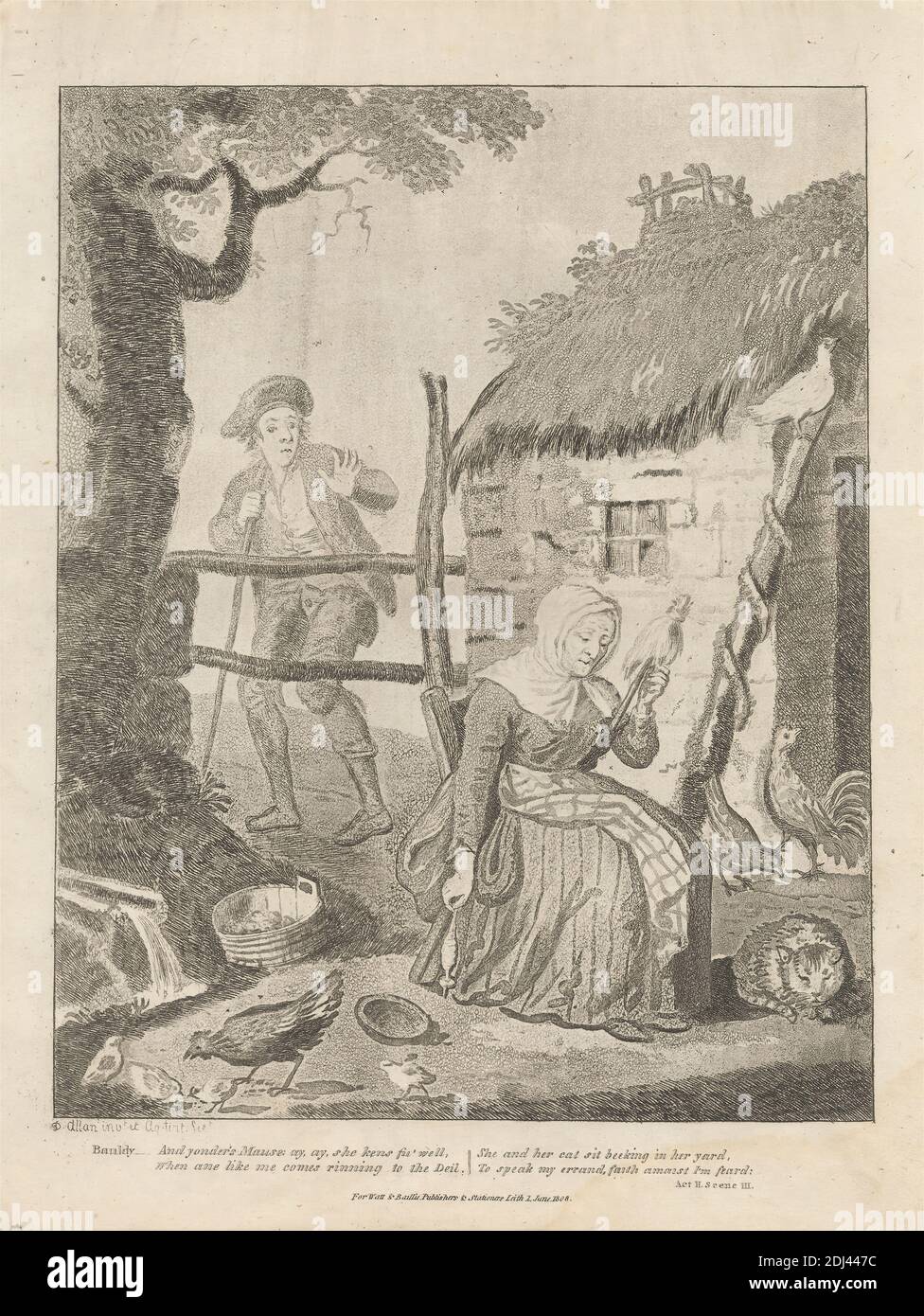 Bauldy and Mause, Print made by David Allan, 1744–1796, British, born in Scotland, after David Allan, 1744–1796, British, born in Scotland, Published by Watt & Baillie, active 1808, British, 1808, Etching and aquatint on moderately thick, slightly textured, cream wove paper, Sheet: 11 1/8 x 8 7/8 inches (28.3 x 22.5 cm), Plate: 10 9/16 x 8 1/16 inches (26.8 x 20.5 cm), and Image: 8 3/4 x 7 inches (22.2 x 17.8 cm), apron (main garment), bowl, breeches, cap, cat (domestic cat), chair, chickens, chicks, chimney, cottage, distaff, dress, farming, fence, genre subject, gesture, gutter (roadside Stock Photo