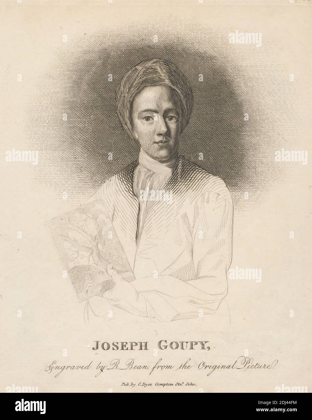 Joseph Goupy, Print made by Richard Bean, 1792–1817, after Michael Dahl, 1656–1743, Swedish, active in Britain (from 1682), Published by C. Dyer, active ca. 1810, British, between 1807 and 1817, Line engraving on medium, moderately textured, cream wove paper, Sheet: 9 3/4 x 7 11/16 inches (24.7 x 19.6 cm), Plate: 9 x 7 11/16 inches (22.9 x 19.6 cm), and Image: 7 5/16 x 6 5/8 inches (18.5 x 16.8 cm), artist, coat, etcher, etching (printing process), holding, painter, portrait, turban Stock Photo