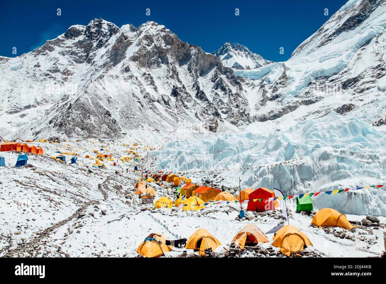 Bright yellow tents in Mount Everest Base Camp, Khumbu glacier and