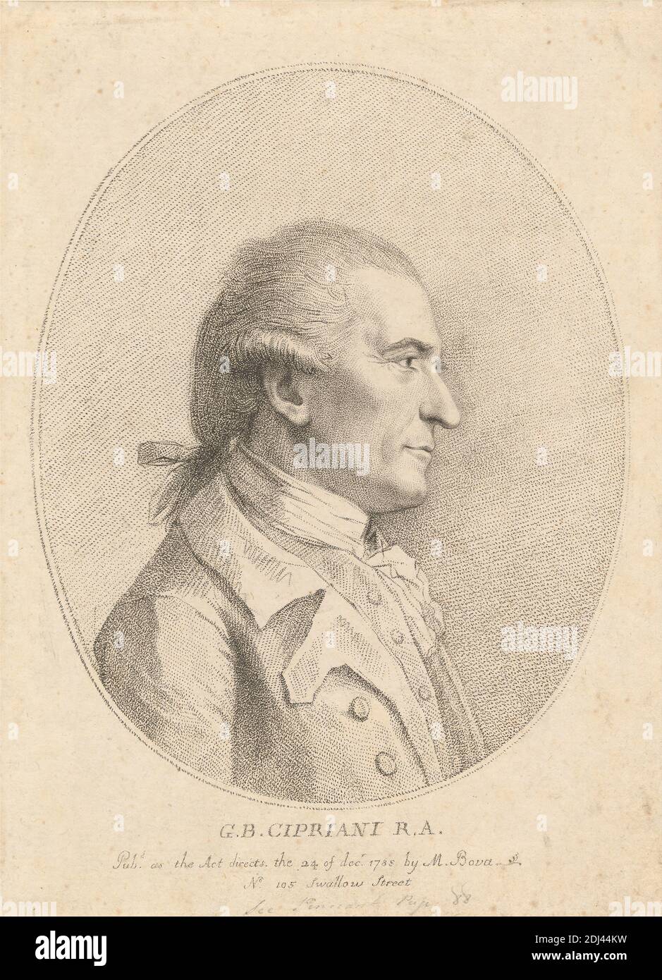 G. B. Cipriani, R. A., Print made by Francesco Bartolozzi RA, 1728–1815,  Italian, active in Britain (1764–99), Published by Marino Bovi, Italian,  1758–ca.1805, Italian, 1785, Soft-ground etching on moderately thick,  moderately textured,