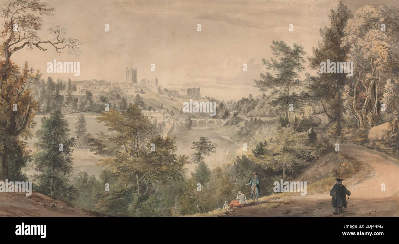 View of Richmond Castle, Yorkshire, Paul Sandby RA, 1731–1809, British, And William Taverner, 1703–1772, British, undated, Watercolor heightened with gouache on two sheets of laid paper, laid on a contemporary wash line mount, Sheet: 16 13/16 x 31 inches (42.7 x 78.7 cm), architectural subject, castle, landscape, view, England, Europe, North Yorkshire, Richmond, Richmond Castle, United Kingdom, Yorkshire Stock Photo