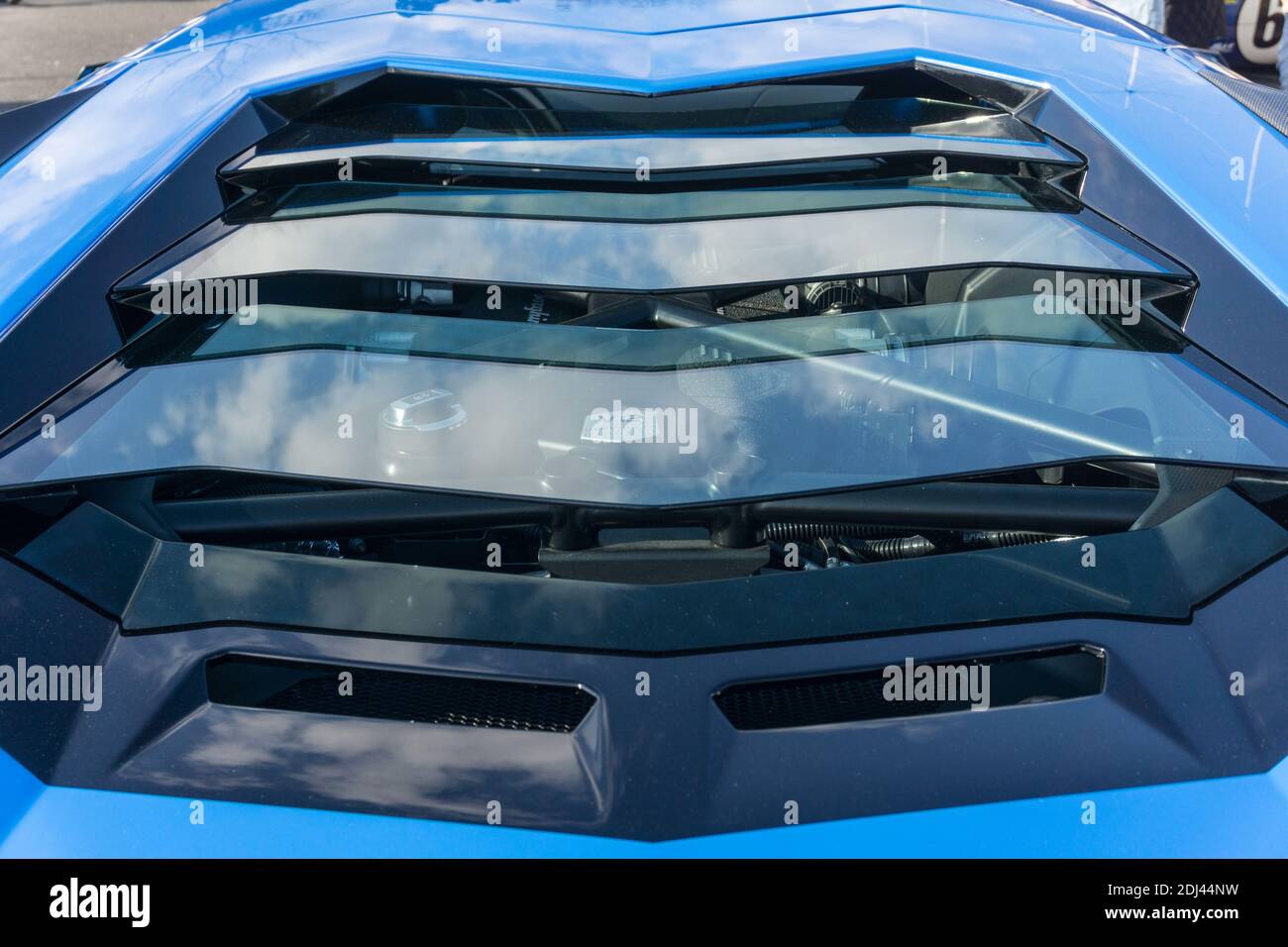 Close up detail of the rear window and engine bay cover of a blu le mans Lamborghini Aventador S LP740-4 Stock Photo