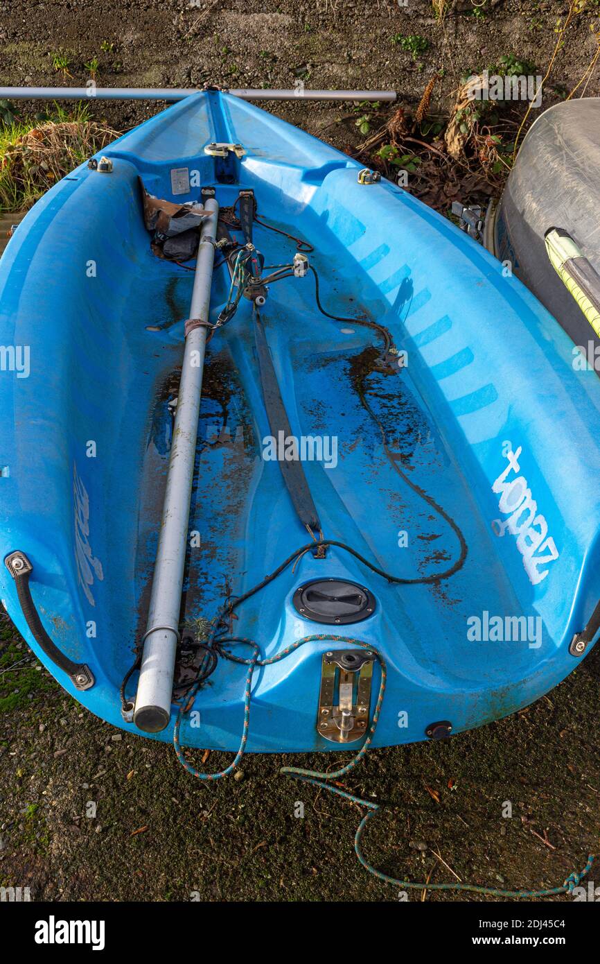 Old, dirty Plastic racing Yacht Stock Photo