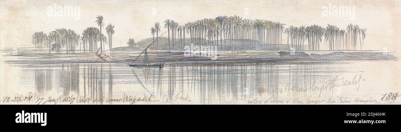 Near Negadeh, 12:30 pm, 17 January 1867 (188), Edward Lear, 1812–1888, British, 1867, Watercolor with pen and gray ink with colored pencil over graphite on moderately thick, moderately textured, cream wove paper, Sheet: 2 5/8 × 9 3/4 inches (6.7 × 24.8 cm), boat, landscape, palm trees, river, river, water, Africa, Egypt, Naqâda, Nile Stock Photo